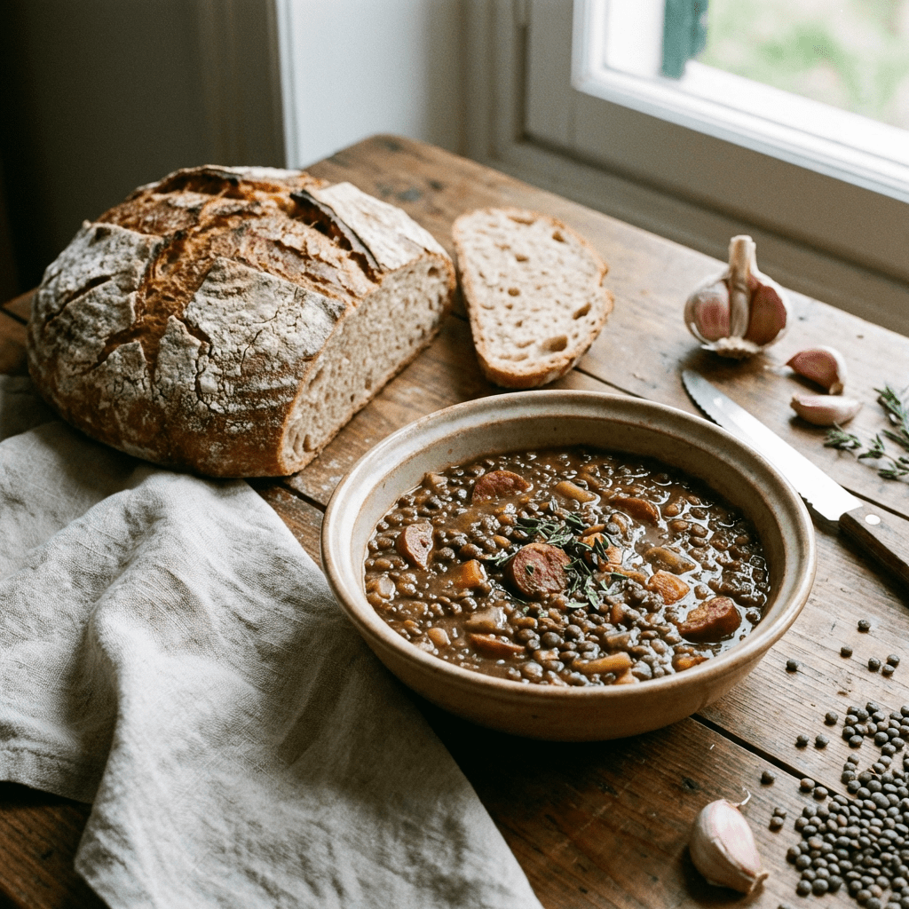 Bowl of lentil and sausage soup with a loaf of rustic sourdough bread.