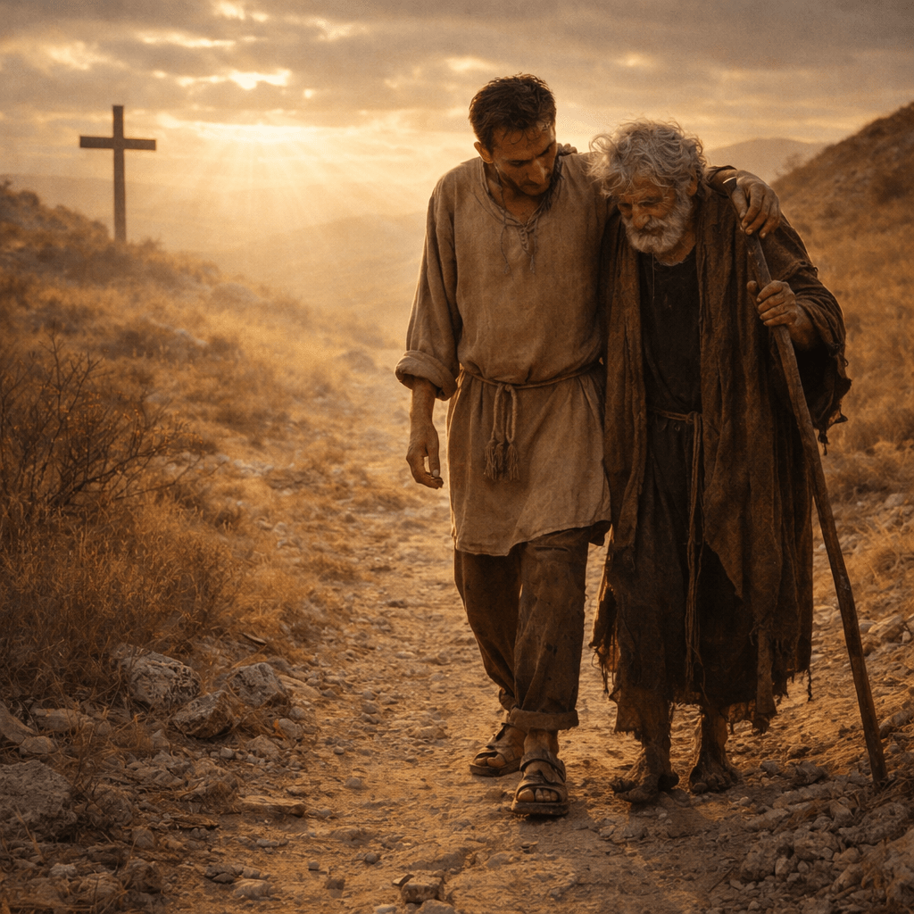 Young man helping elderly man walk with a wooden staff near a large cross at sunset