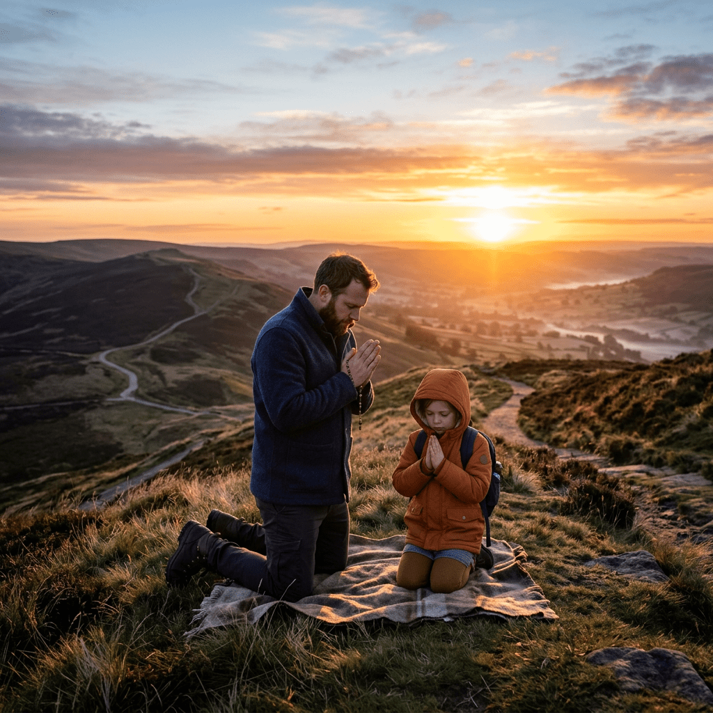 Father and child kneeling on a blanket praying outside at sunrise on a hilltop