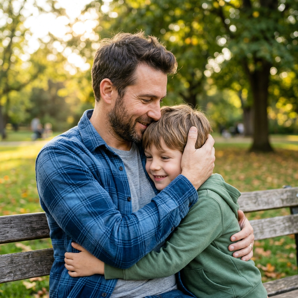 Father hugging son warmly while sitting on park bench with autumn leaves