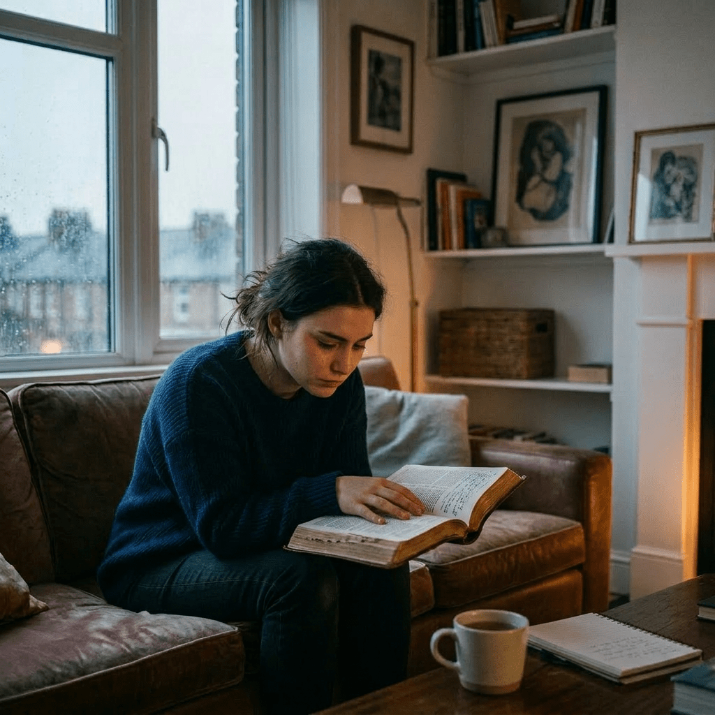 Woman reading a book indoors beside a window with rain outside