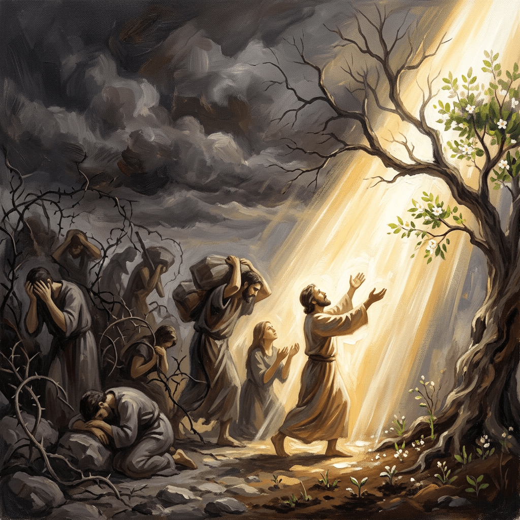 People leaving darkness and turmoil to reach a bright light under a blooming tree