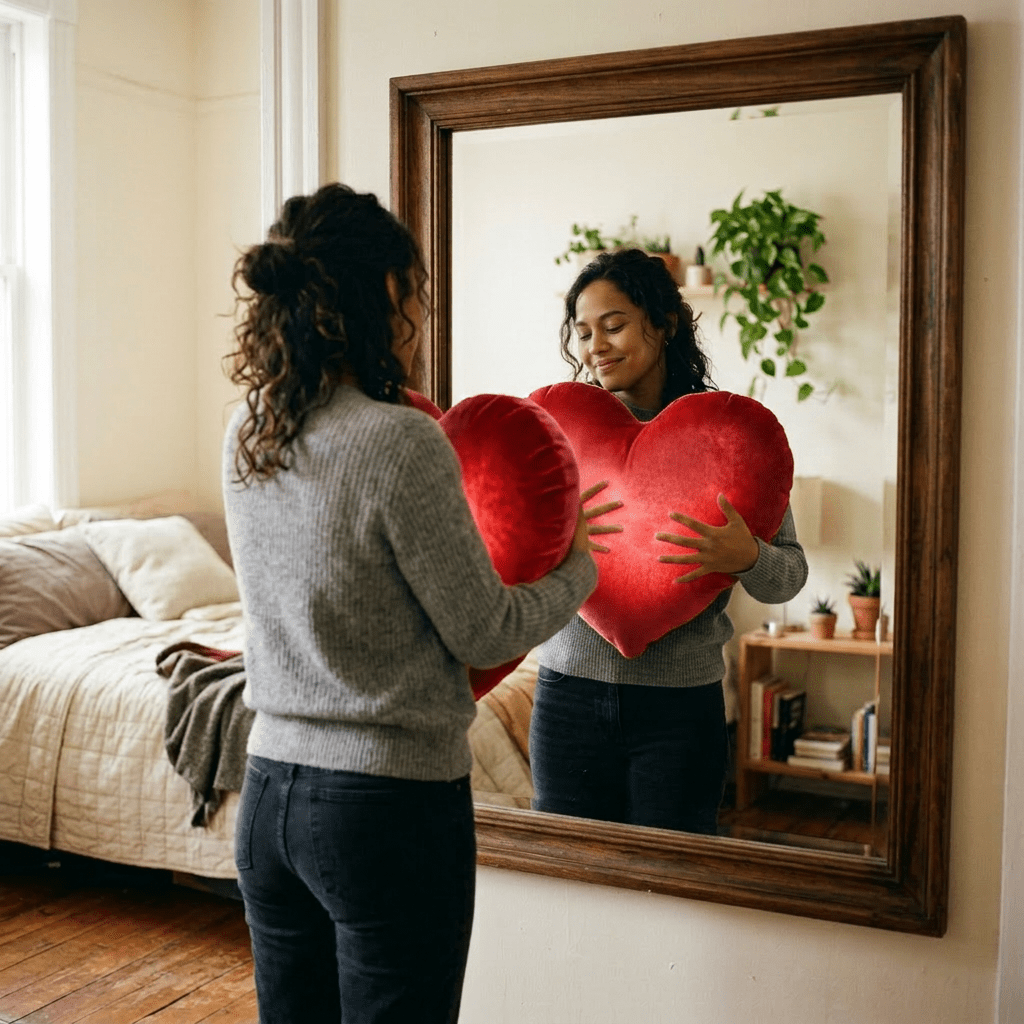 Woman holding a red heart-shaped pillow looking at herself in a mirror.