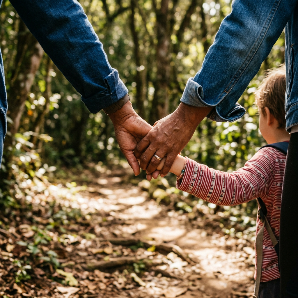 Adult and child holding hands while walking on a wooded trail