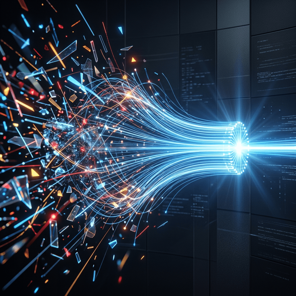 Bright multicolored digital data streams converging into a glowing processing core with scattered data fragments