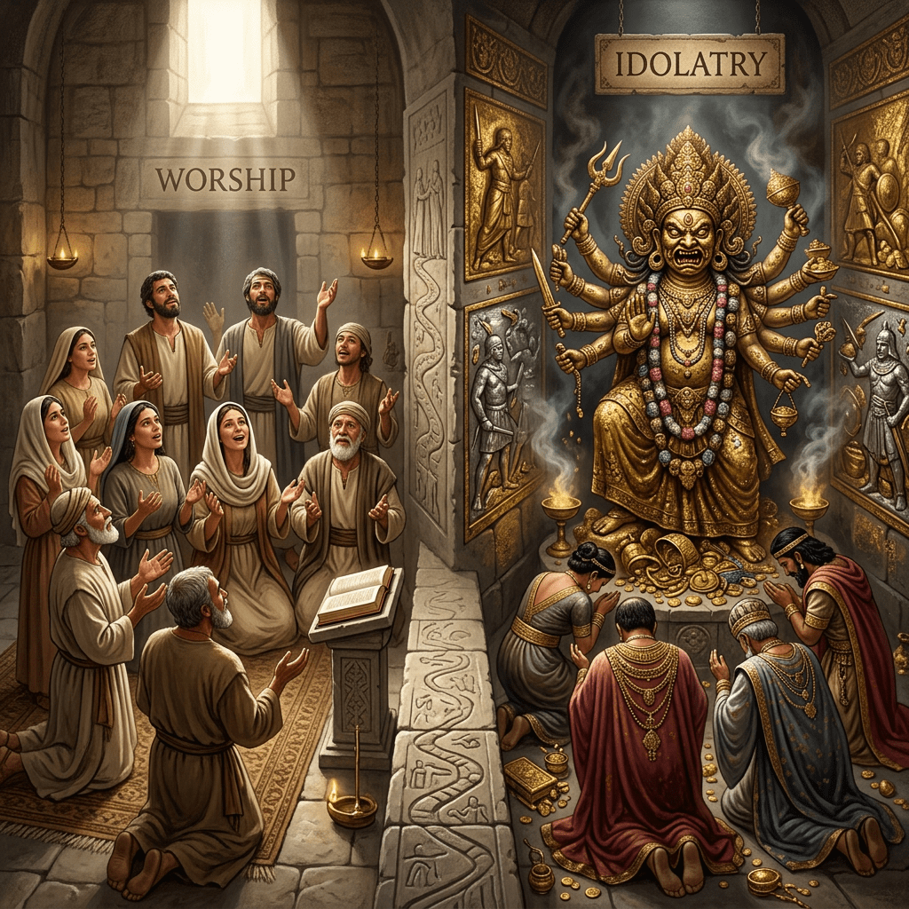Group of people worshipping with raised hands on the left; group bowing before a multi-armed idol surrounded by gold on the right