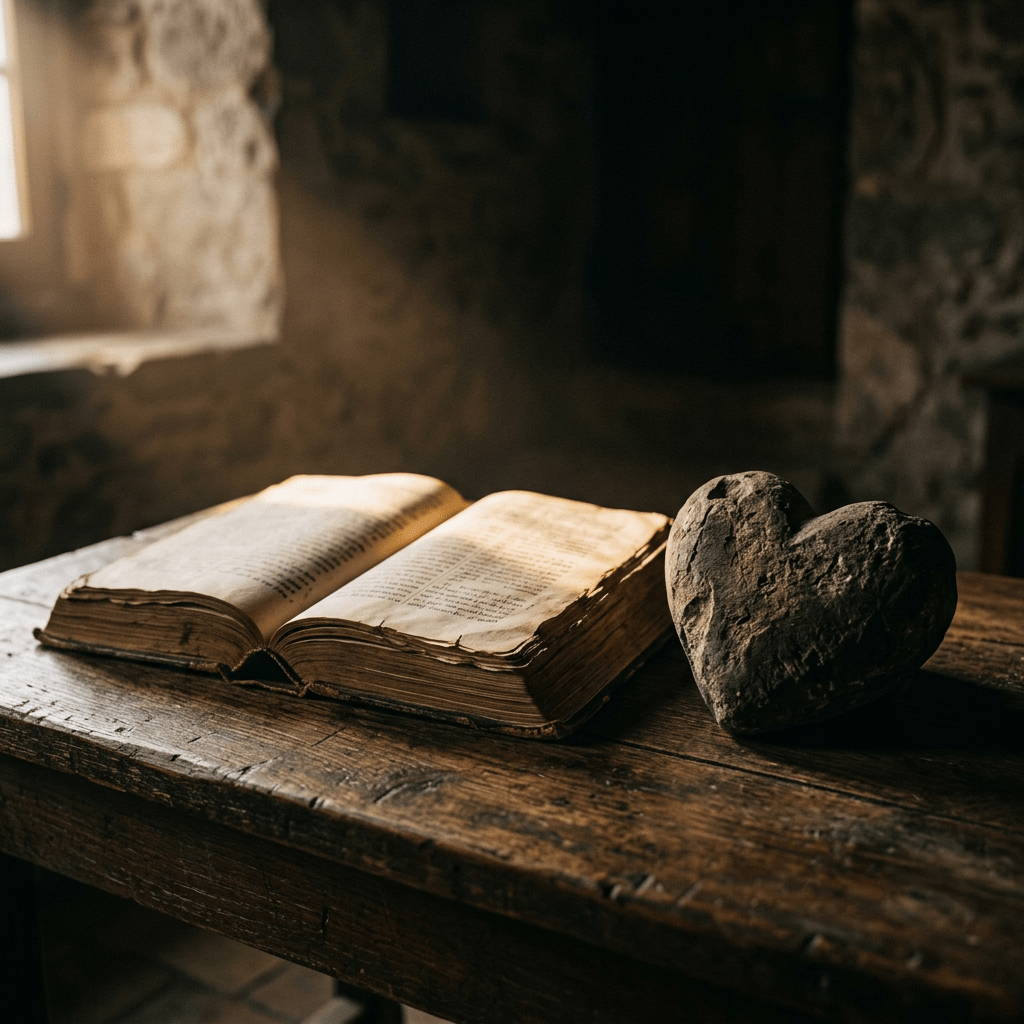 Open old book and stone heart on a wooden table