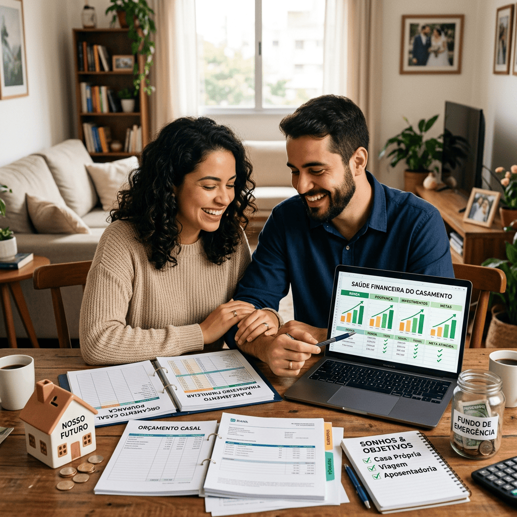 Casal planejando finanças com textos “Saúde financeira do casamento” e “Orçamento casal”.